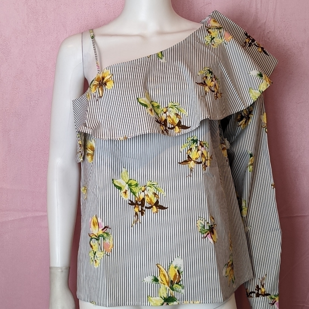 Urban Outfitters Striped Floral One Shoulder Long Sleeve Ruffle Blouse Large